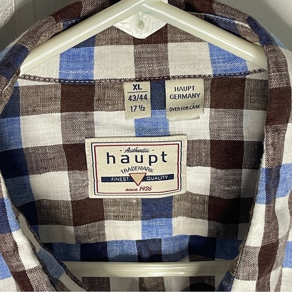 Haupt Linen Blue Brown Checked Button Up Size XL 17 1/2 Long Sleeve Mens Germany - Picture 2 of 9